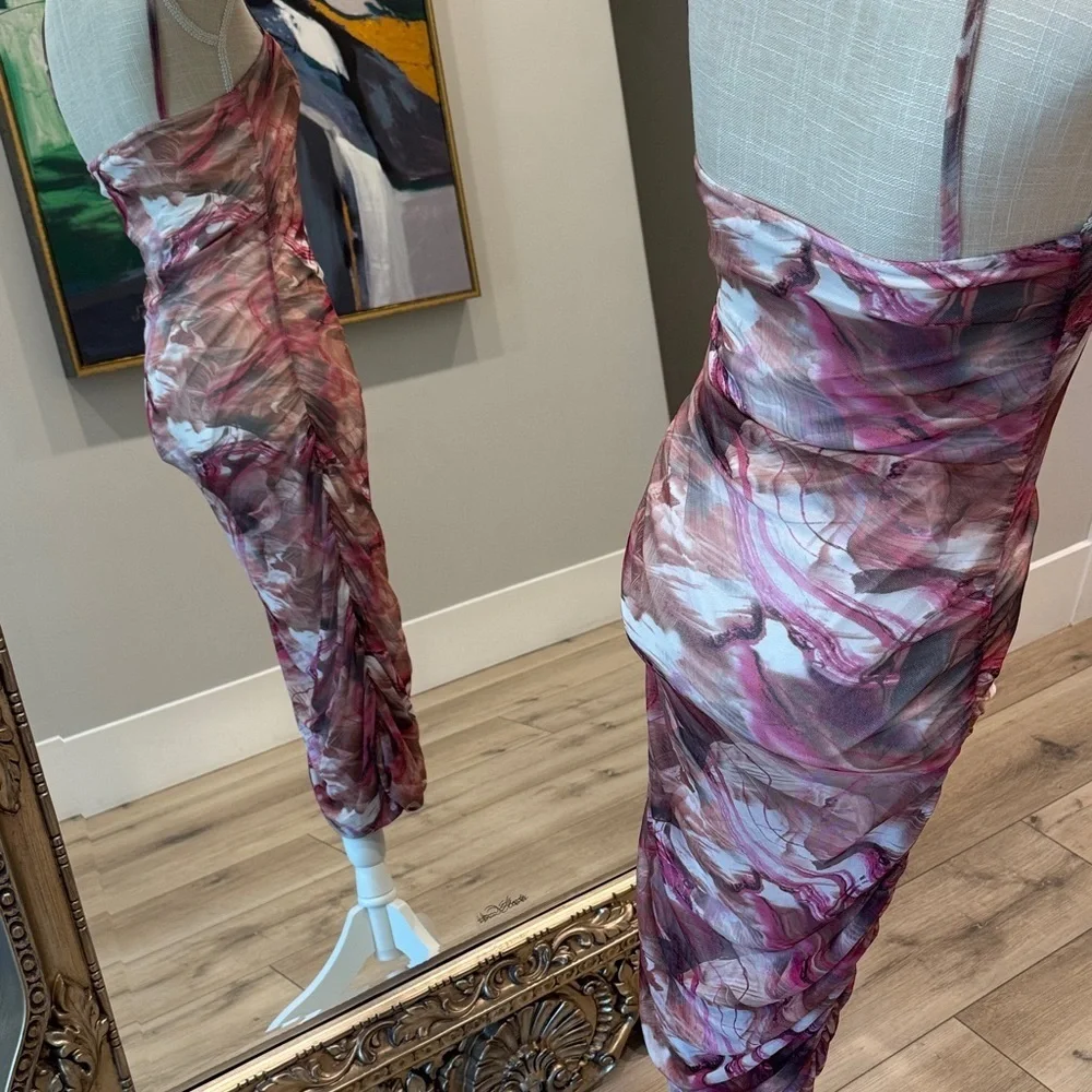 Bodycon ruched Pink and White Women's Dress